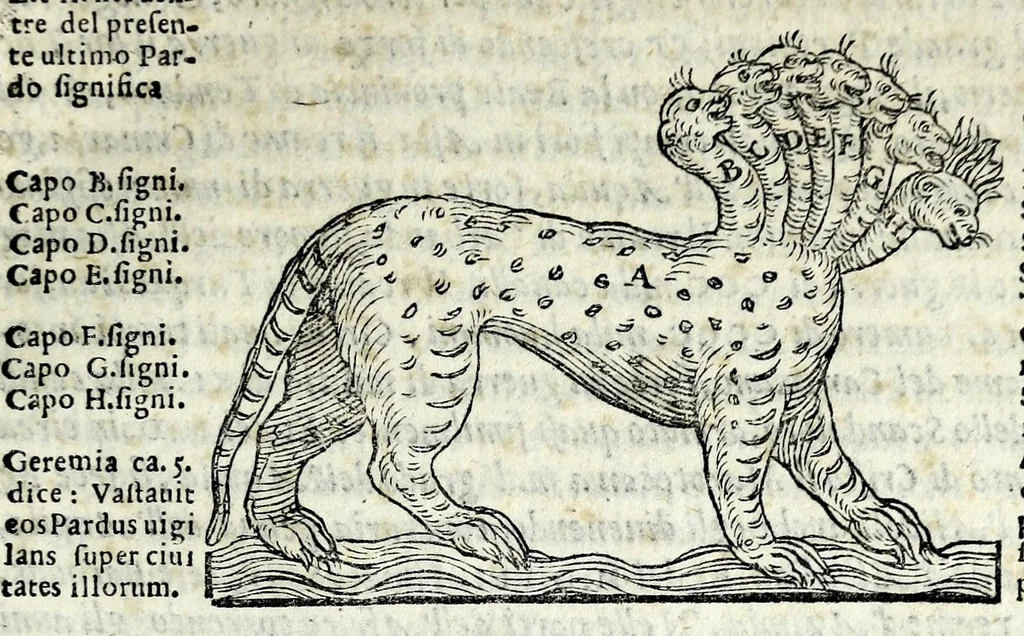 An illustration from Espositione dell'XI. et XII. cap. del IIII. lib. d'Esdra : sopra gli accidenti passati, presenti, & futuri della reuolutione del grande & tremendo imperio dell'aquila, quarta, & ultima monarchia nel mondo, 1571, leaf 67
