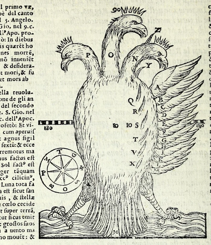 An illustration from Espositione dell'XI. et XII. cap. del IIII. lib. d'Esdra : sopra gli accidenti passati, presenti, & futuri della reuolutione del grande & tremendo imperio dell'aquila, quarta, & ultima monarchia nel mondo, 1571, leaf 84