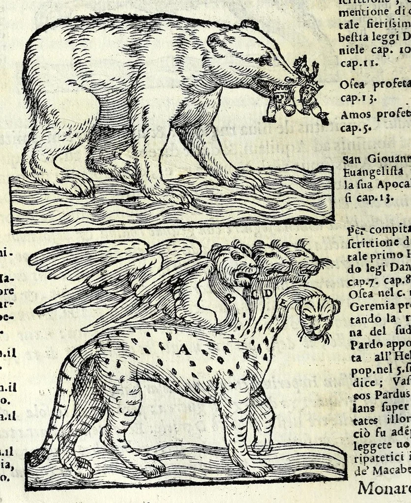 An illustration from Espositione dell'XI. et XII. cap. del IIII. lib. d'Esdra : sopra gli accidenti passati, presenti, & futuri della reuolutione del grande & tremendo imperio dell'aquila, quarta, & ultima monarchia nel mondo, 1571, leaf 92