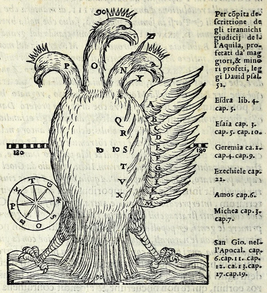 An illustration from Espositione dell'XI. et XII. cap. del IIII. lib. d'Esdra : sopra gli accidenti passati, presenti, & futuri della reuolutione del grande & tremendo imperio dell'aquila, quarta, & ultima monarchia nel mondo, 1571, leaf 94
