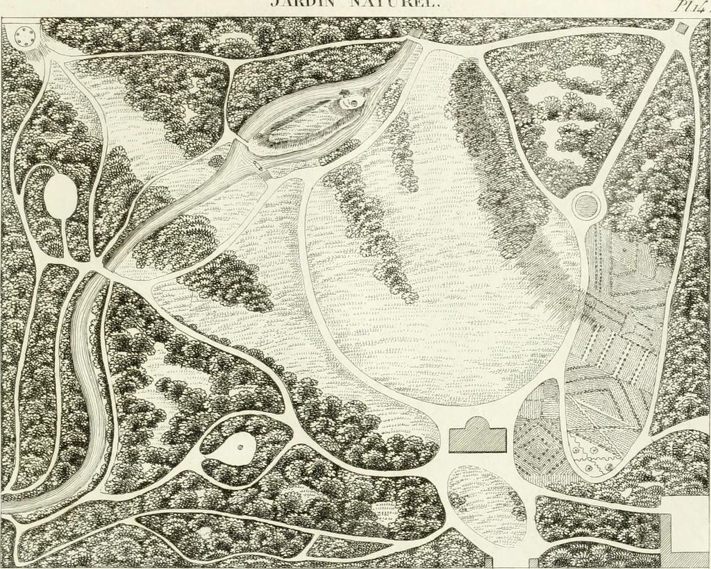 An illustration from Essai sur la composition et l'ornement des jardins : ou, Recueil de plans de jardins de ville et de campagne, de fabriques propres à leur décoration, et de machines pour élever les eaux ; ouvrage faisant suite à l'Almanach du bon jardinier, 1823, leaf 105