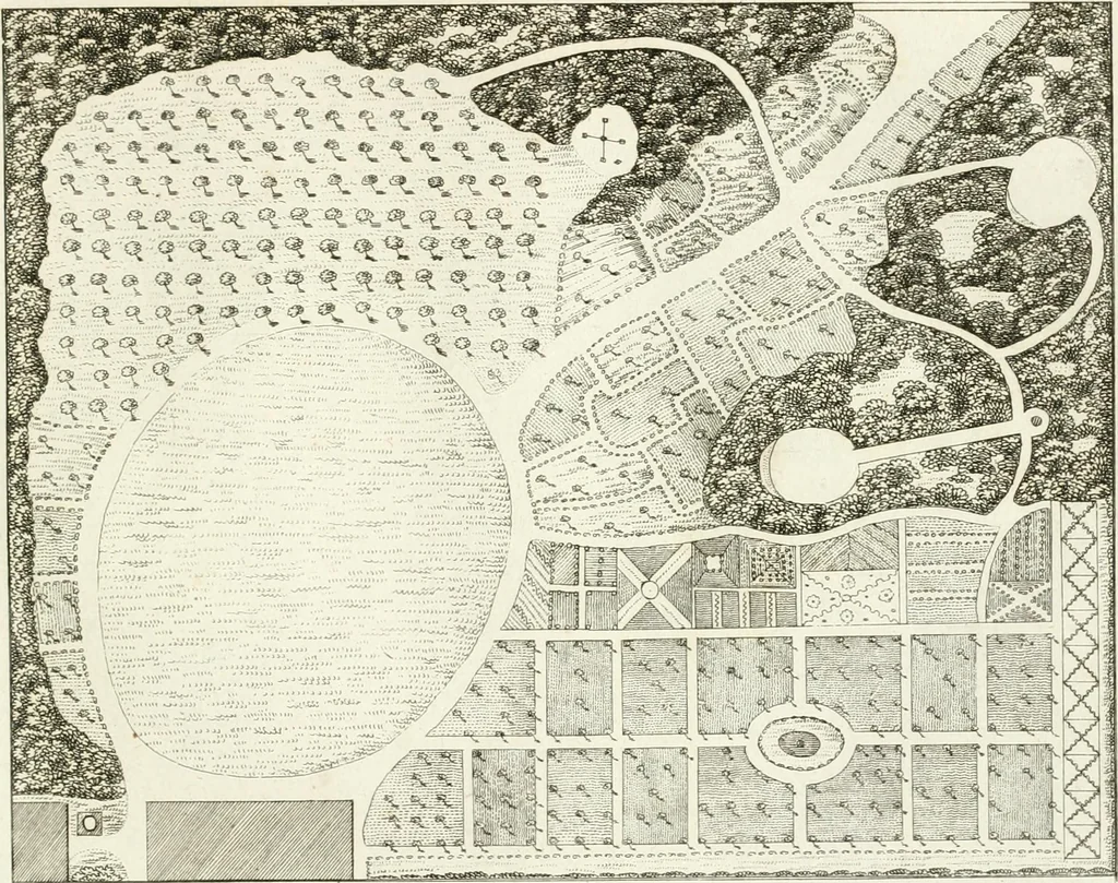 An illustration from Essai sur la composition et l'ornement des jardins : ou, Recueil de plans de jardins de ville et de campagne, de fabriques propres à leur décoration, et de machines pour élever les eaux ; ouvrage faisant suite à l'Almanach du bon jardinier, 1823, leaf 107