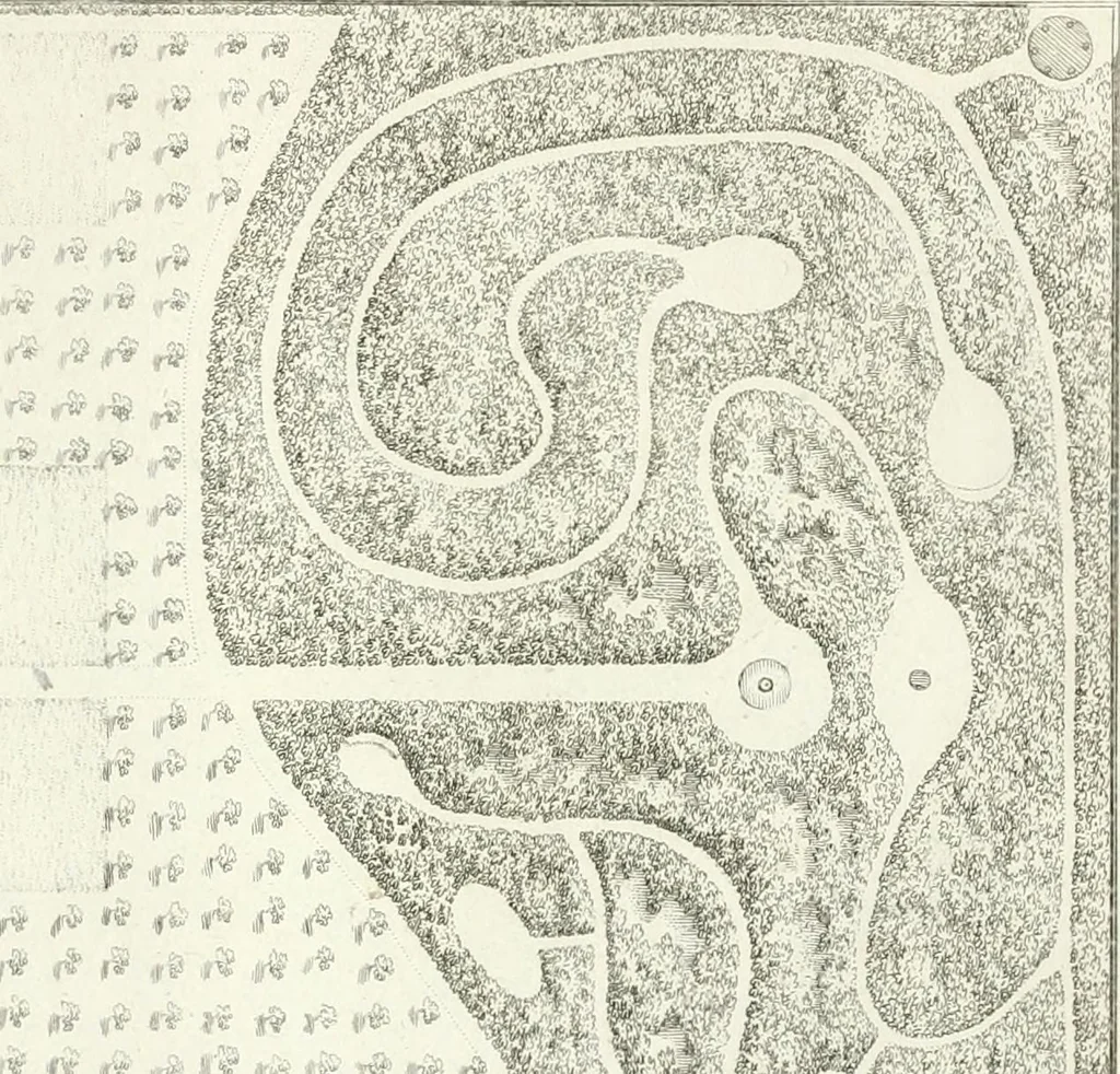 An illustration from Essai sur la composition et l'ornement des jardins : ou, Recueil de plans de jardins de ville et de campagne, de fabriques propres à leur décoration, et de machines pour élever les eaux ; ouvrage faisant suite à l'Almanach du bon jardinier, 1823, leaf 109
