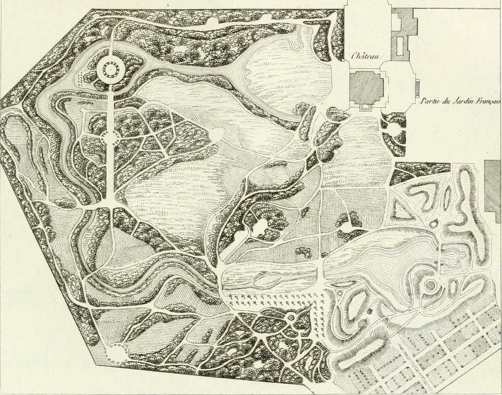 An illustration from Essai sur la composition et l'ornement des jardins : ou, Recueil de plans de jardins de ville et de campagne, de fabriques propres à leur décoration, et de machines pour élever les eaux ; ouvrage faisant suite à l'Almanach du bon jardinier, 1823, leaf 115