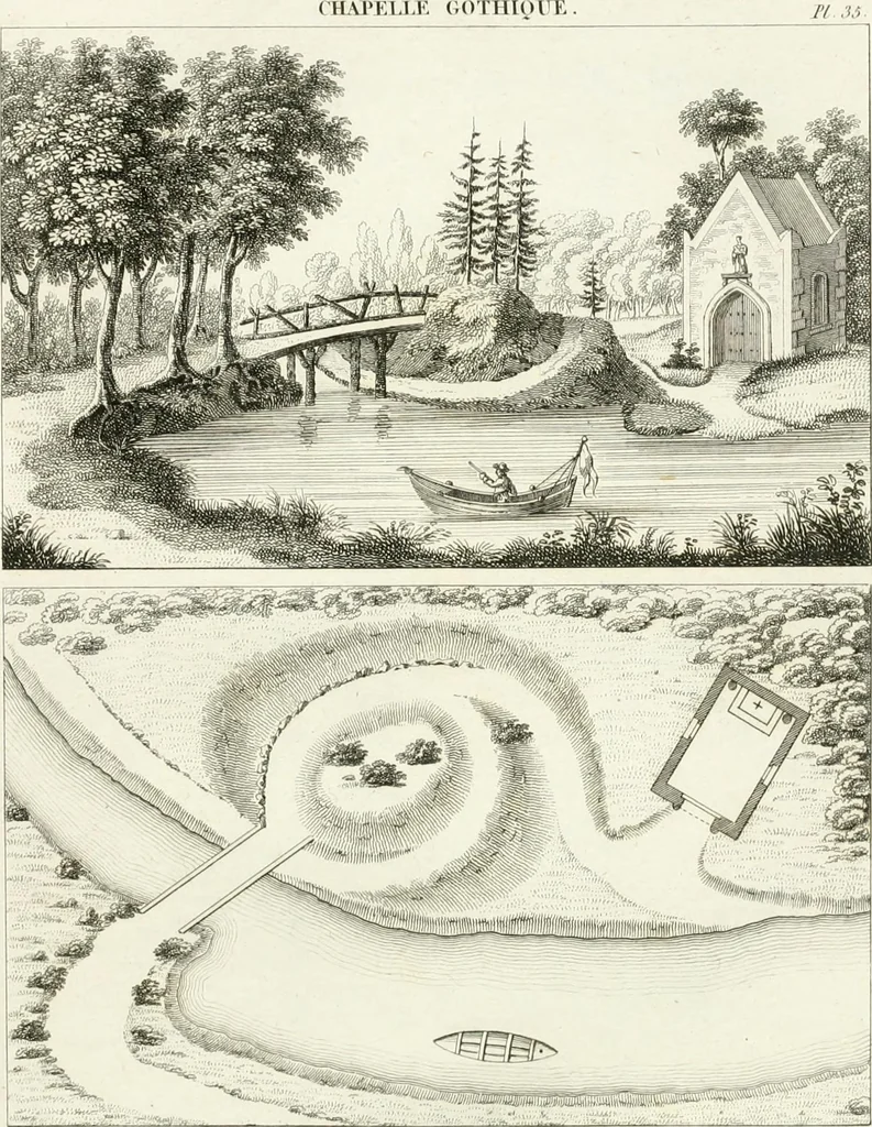 An illustration from Essai sur la composition et l'ornement des jardins : ou, Recueil de plans de jardins de ville et de campagne, de fabriques propres à leur décoration, et de machines pour élever les eaux ; ouvrage faisant suite à l'Almanach du bon jardinier, 1823, leaf 137