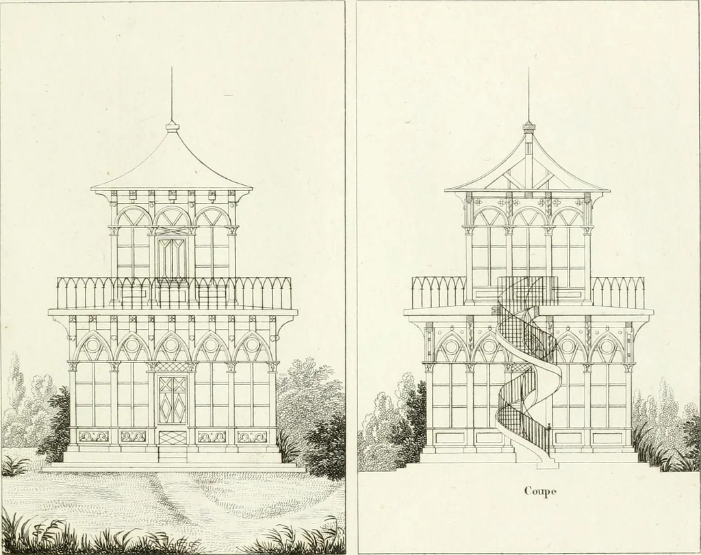 An illustration from Essai sur la composition et l'ornement des jardins : ou, Recueil de plans de jardins de ville et de campagne, de fabriques propres à leur décoration, et de machines pour élever les eaux ; ouvrage faisant suite à l'Almanach du bon jardinier, 1823, leaf 145
