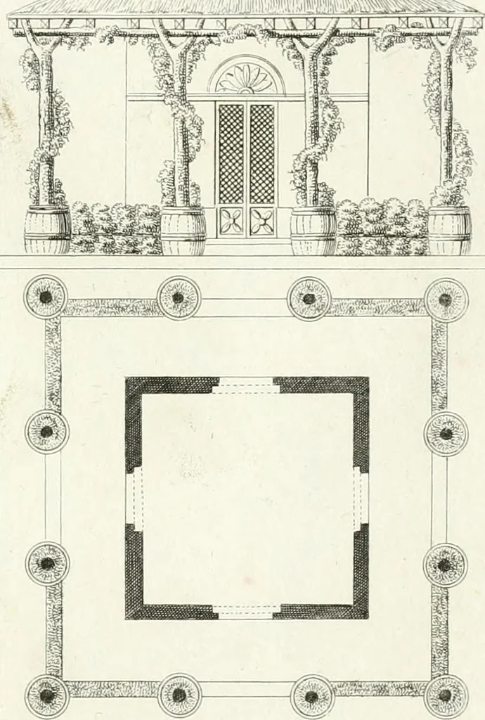 An illustration from Essai sur la composition et l'ornement des jardins : ou, Recueil de plans de jardins de ville et de campagne, de fabriques propres à leur décoration, et de machines pour élever les eaux ; ouvrage faisant suite à l'Almanach du bon jardinier, 1823, leaf 159