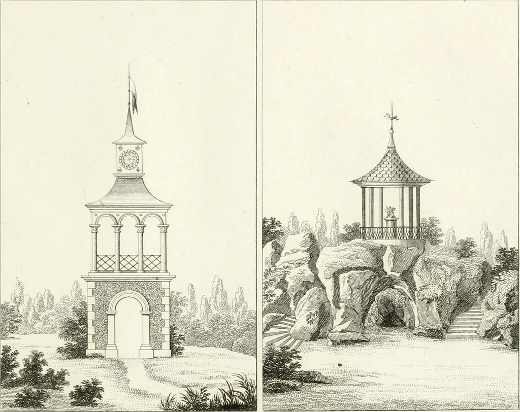 An illustration from Essai sur la composition et l'ornement des jardins : ou, Recueil de plans de jardins de ville et de campagne, de fabriques propres à leur décoration, et de machines pour élever les eaux ; ouvrage faisant suite à l'Almanach du bon jardinier, 1823, leaf 189