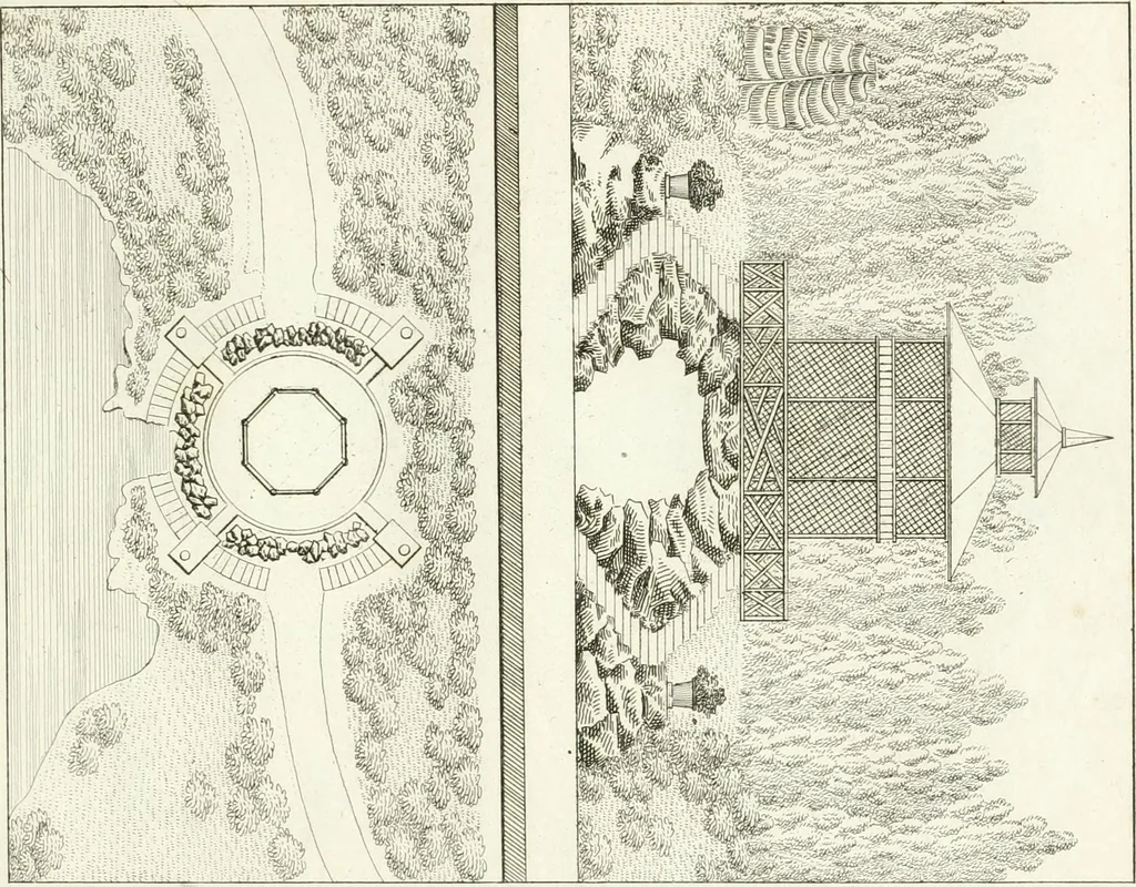 An illustration from Essai sur la composition et l'ornement des jardins : ou, Recueil de plans de jardins de ville et de campagne, de fabriques propres à leur décoration, et de machines pour élever les eaux ; ouvrage faisant suite à l'Almanach du bon jardinier, 1823, leaf 203