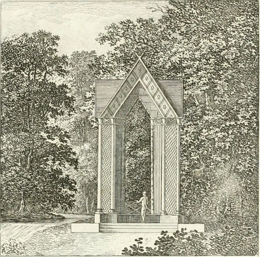 An illustration from Essai sur la composition et l'ornement des jardins : ou, Recueil de plans de jardins de ville et de campagne, de fabriques propres à leur décoration, et de machines pour élever les eaux ; ouvrage faisant suite à l'Almanach du bon jardinier, 1823, leaf 205