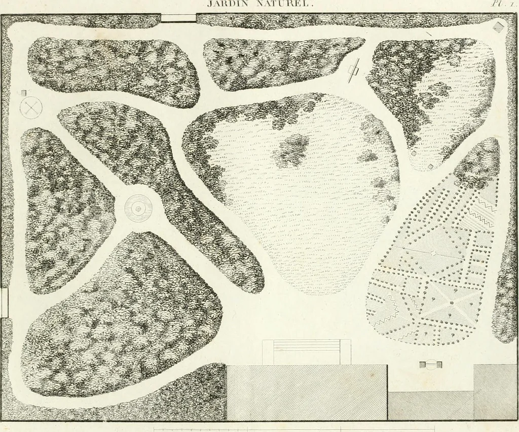 An illustration from Essai sur la composition et l'ornement des jardins : ou, Recueil de plans de jardins de ville et de campagne, de fabriques propres à leur décoration, et de machines pour élever les eaux ; ouvrage faisant suite à l'Almanach du bon jardinier, 1823, leaf 79