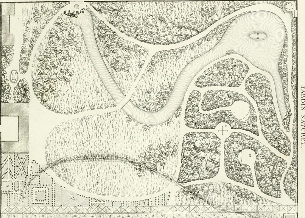 An illustration from Essai sur la composition et l'ornement des jardins : ou, Recueil de plans de jardins de ville et de campagne, de fabriques propres à leur décoration, et de machines pour élever les eaux ; ouvrage faisant suite à l'Almanach du bon jardinier, 1823, leaf 81