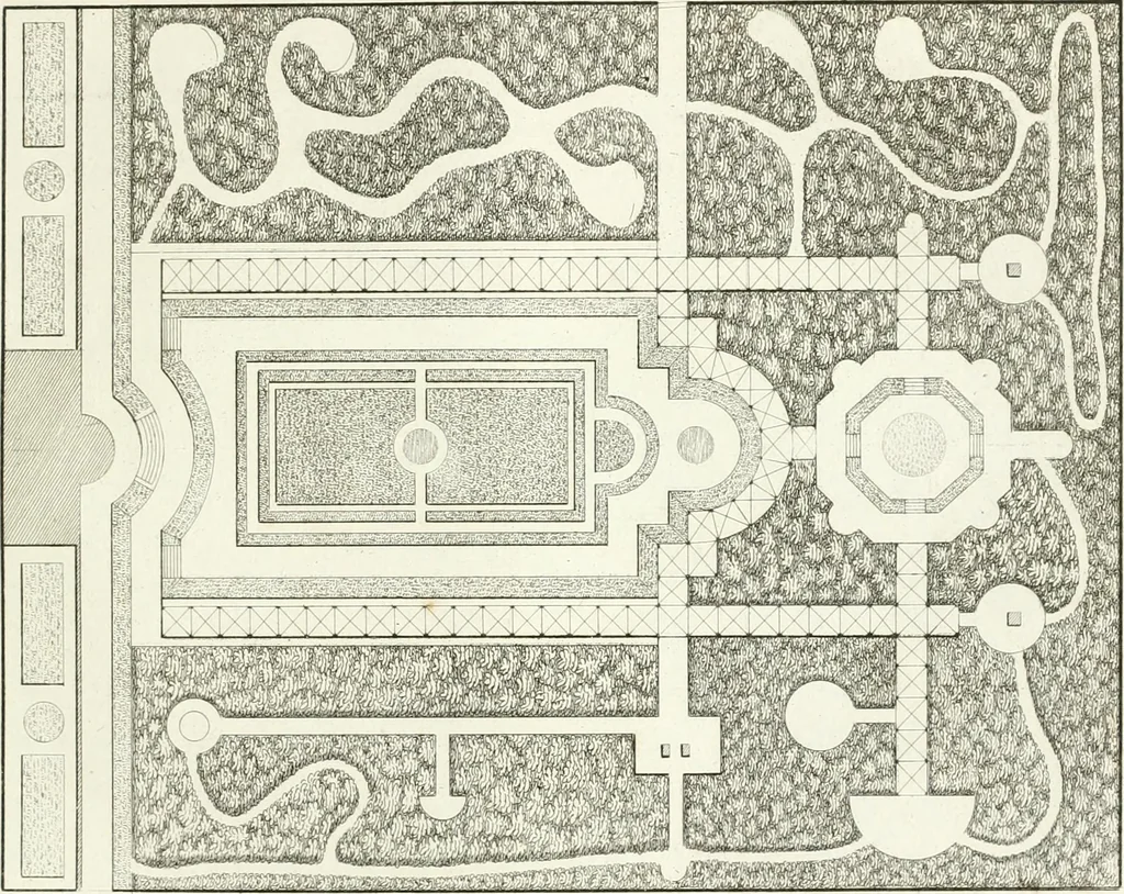 An illustration from Essai sur la composition et l'ornement des jardins : ou, Recueil de plans de jardins de ville et de campagne, de fabriques propres à leur décoration, et de machines pour élever les eaux ; ouvrage faisant suite à l'Almanach du bon jardinier, 1823, leaf 83