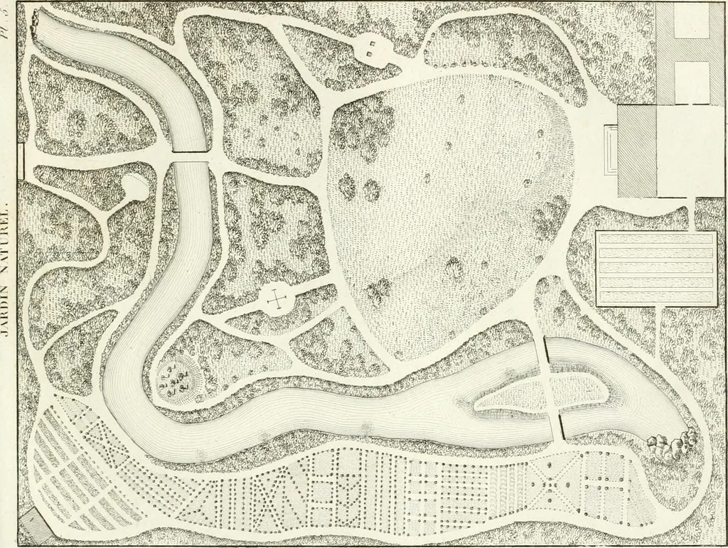 An illustration from Essai sur la composition et l'ornement des jardins : ou, Recueil de plans de jardins de ville et de campagne, de fabriques propres à leur décoration, et de machines pour élever les eaux ; ouvrage faisant suite à l'Almanach du bon jardinier, 1823, leaf 87
