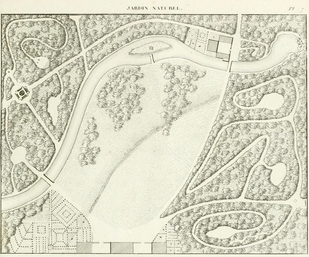 An illustration from Essai sur la composition et l'ornement des jardins : ou, Recueil de plans de jardins de ville et de campagne, de fabriques propres à leur décoration, et de machines pour élever les eaux ; ouvrage faisant suite à l'Almanach du bon jardinier, 1823, leaf 91