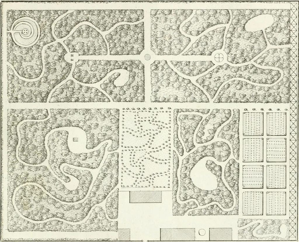 An illustration from Essai sur la composition et l'ornement des jardins : ou, Recueil de plans de jardins de ville et de campagne, de fabriques propres à leur décoration, et de machines pour élever les eaux ; ouvrage faisant suite à l'Almanach du bon jardinier, 1823, leaf 93