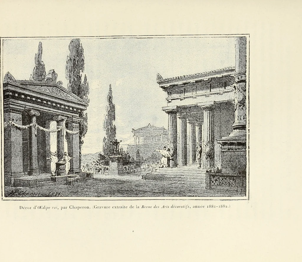 An illustration from Essai sur l'histoire du théâtre : la mise en scène, le décor, le costume, l'architecture, l'éclairage, l'hygiène, 1893, leaf 626