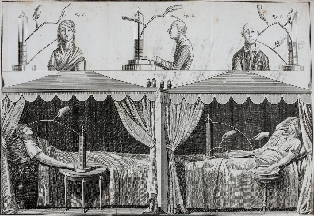 An illustration from Essai théorique et expérimental sur le galvanisme : avec une série d'expériences faites en présence des commissaires de l'Institut national de France, et en divers amphithéatres anatomiques de Londres, 1804, leaf 386