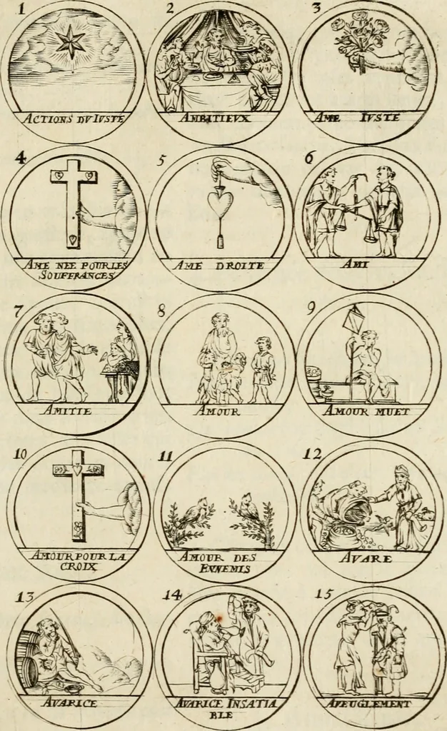 An illustration from Essay d'un dictionnaire contenant la connoissance du monde, des sciences universelles, et particulierement celle des medailles, des passions, des moeurs, des vertus et des vices, &c. : representé par des figures hyerogliphiques, expliquèes en prose & en vers, 1700, leaf 100