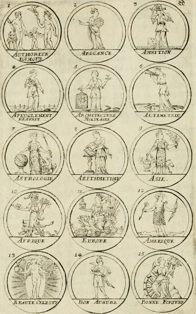 An illustration from Essay d'un dictionnaire contenant la connoissance du monde, des sciences universelles, et particulierement celle des medailles, des passions, des moeurs, des vertus et des vices, &c. : representé par des figures hyerogliphiques, expliquèes en prose & en vers, 1700, leaf 107