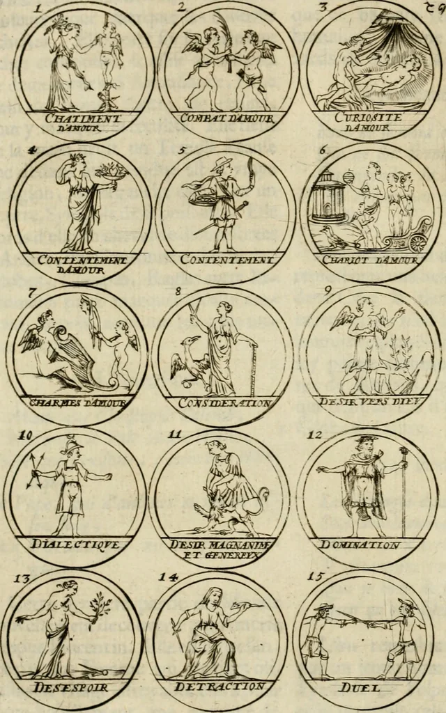 An illustration from Essay d'un dictionnaire contenant la connoissance du monde, des sciences universelles, et particulierement celle des medailles, des passions, des moeurs, des vertus et des vices, &c. : representé par des figures hyerogliphiques, expliquèes en prose & en vers, 1700, leaf 113