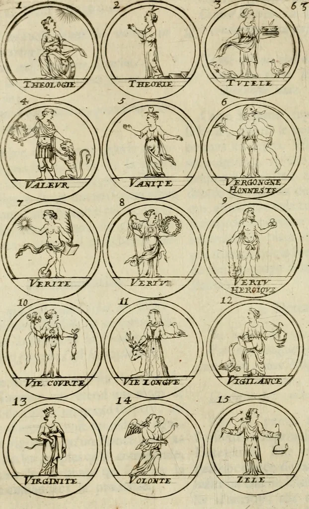 An illustration from Essay d'un dictionnaire contenant la connoissance du monde, des sciences universelles, et particulierement celle des medailles, des passions, des moeurs, des vertus et des vices, &c. : representé par des figures hyerogliphiques, expliquèes en prose & en vers, 1700, leaf 119