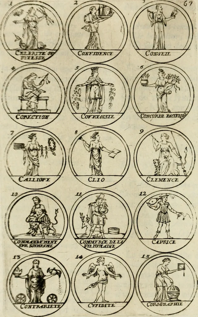 An illustration from Essay d'un dictionnaire contenant la connoissance du monde, des sciences universelles, et particulierement celle des medailles, des passions, des moeurs, des vertus et des vices, &c. : representé par des figures hyerogliphiques, expliquèes en prose & en vers, 1700, leaf 125
