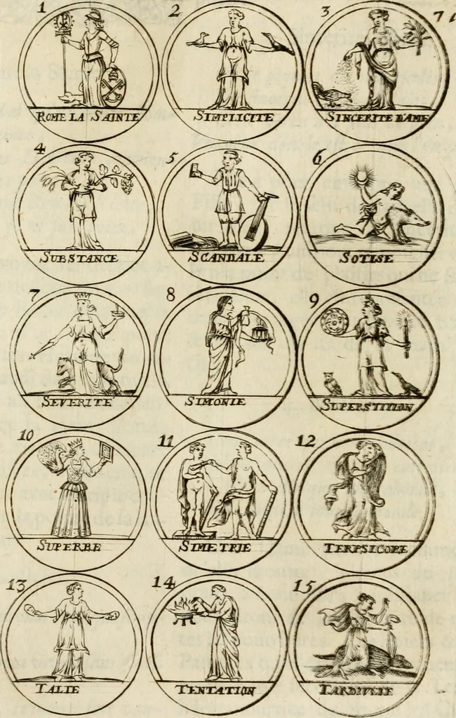 An illustration from Essay d'un dictionnaire contenant la connoissance du monde, des sciences universelles, et particulierement celle des medailles, des passions, des moeurs, des vertus et des vices, &c. : representé par des figures hyerogliphiques, expliquèes en prose & en vers, 1700, leaf 130
