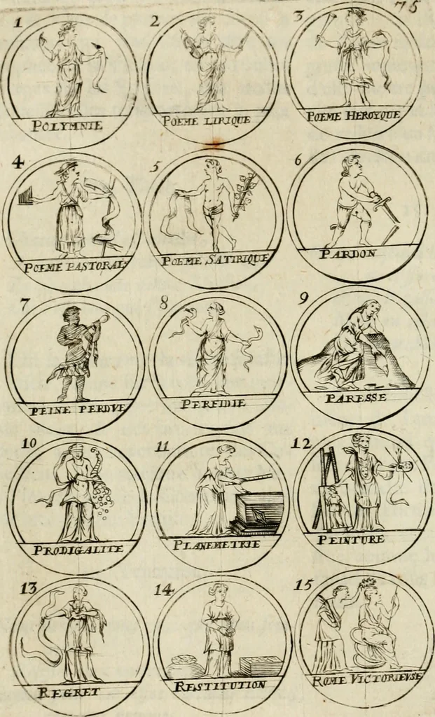 An illustration from Essay d'un dictionnaire contenant la connoissance du monde, des sciences universelles, et particulierement celle des medailles, des passions, des moeurs, des vertus et des vices, &c. : representé par des figures hyerogliphiques, expliquèes en prose & en vers, 1700, leaf 137