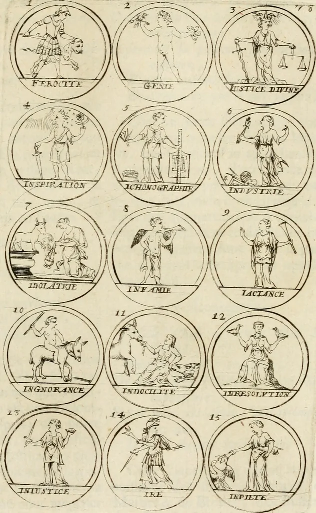 An illustration from Essay d'un dictionnaire contenant la connoissance du monde, des sciences universelles, et particulierement celle des medailles, des passions, des moeurs, des vertus et des vices, &c. : representé par des figures hyerogliphiques, expliquèes en prose & en vers, 1700, leaf 142