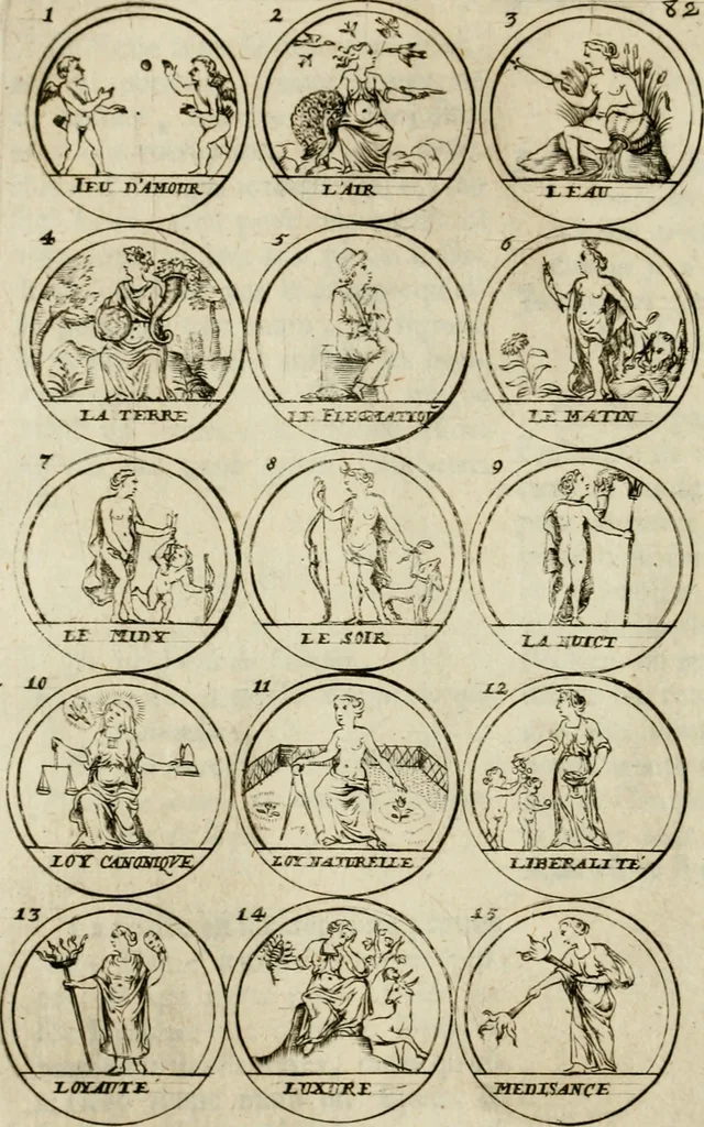 An illustration from Essay d'un dictionnaire contenant la connoissance du monde, des sciences universelles, et particulierement celle des medailles, des passions, des moeurs, des vertus et des vices, &c. : representé par des figures hyerogliphiques, expliquèes en prose & en vers, 1700, leaf 149