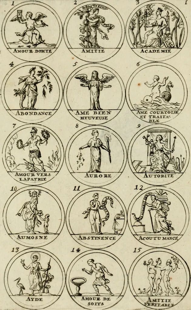 An illustration from Essay d'un dictionnaire contenant la connoissance du monde, des sciences universelles, et particulierement celle des medailles, des passions, des moeurs, des vertus et des vices, &c. : representé par des figures hyerogliphiques, expliquèes en prose & en vers, 1700, leaf 15