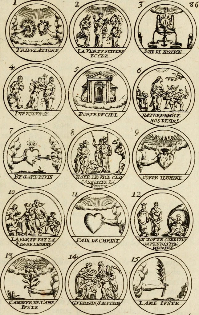 An illustration from Essay d'un dictionnaire contenant la connoissance du monde, des sciences universelles, et particulierement celle des medailles, des passions, des moeurs, des vertus et des vices, &c. : representé par des figures hyerogliphiques, expliquèes en prose & en vers, 1700, leaf 154