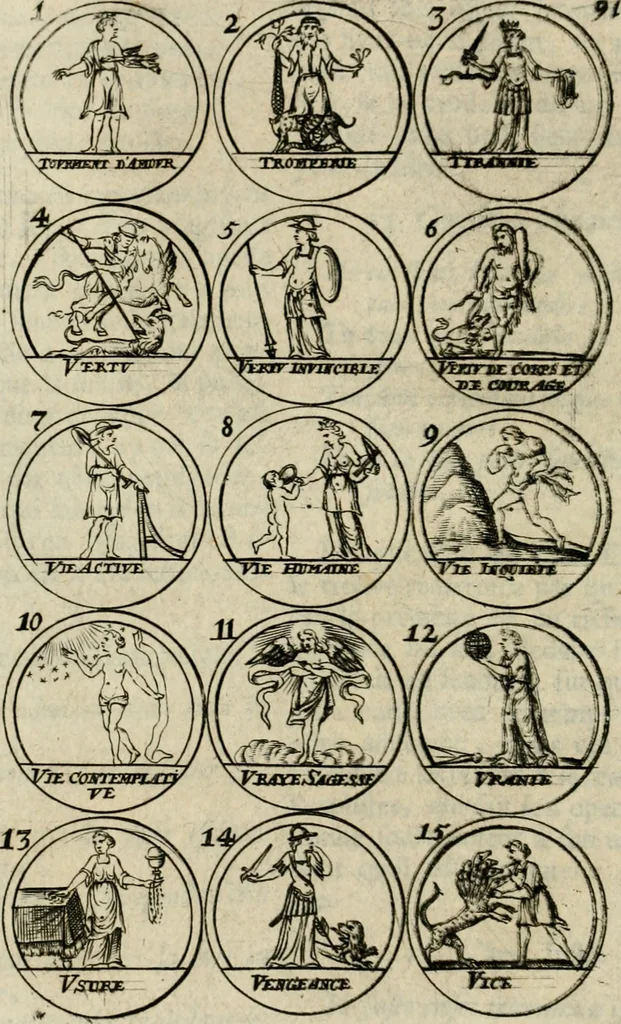 An illustration from Essay d'un dictionnaire contenant la connoissance du monde, des sciences universelles, et particulierement celle des medailles, des passions, des moeurs, des vertus et des vices, &c. : representé par des figures hyerogliphiques, expliquèes en prose & en vers, 1700, leaf 161
