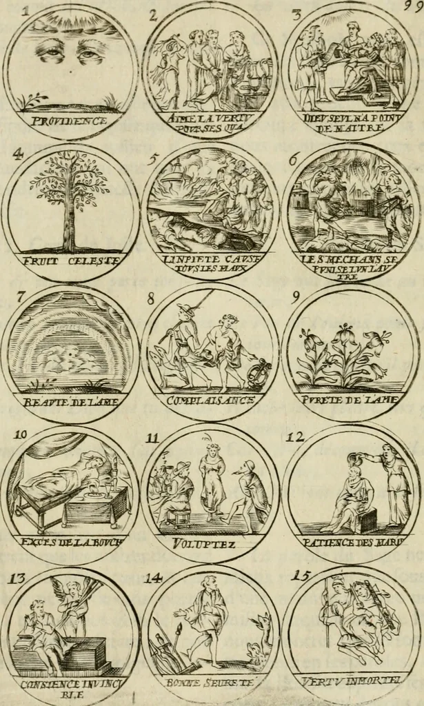 An illustration from Essay d'un dictionnaire contenant la connoissance du monde, des sciences universelles, et particulierement celle des medailles, des passions, des moeurs, des vertus et des vices, &c. : representé par des figures hyerogliphiques, expliquèes en prose & en vers, 1700, leaf 173