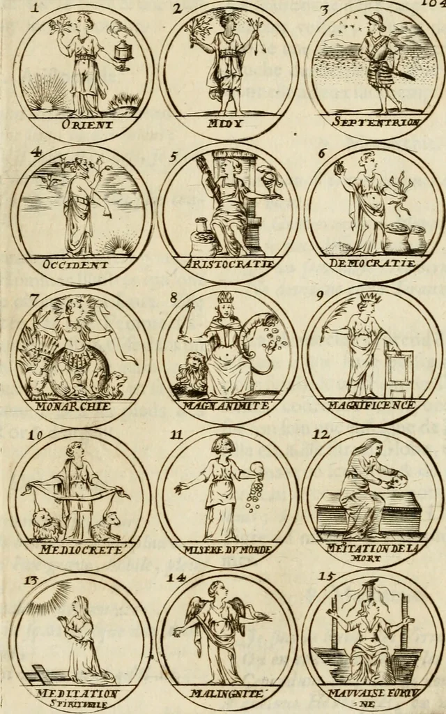 An illustration from Essay d'un dictionnaire contenant la connoissance du monde, des sciences universelles, et particulierement celle des medailles, des passions, des moeurs, des vertus et des vices, &c. : representé par des figures hyerogliphiques, expliquèes en prose & en vers, 1700, leaf 180