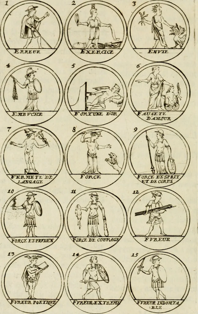 An illustration from Essay d'un dictionnaire contenant la connoissance du monde, des sciences universelles, et particulierement celle des medailles, des passions, des moeurs, des vertus et des vices, &c. : representé par des figures hyerogliphiques, expliquèes en prose & en vers, 1700, leaf 185