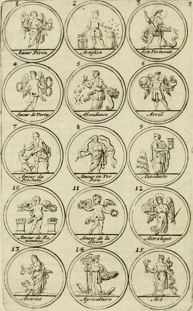An illustration from Essay d'un dictionnaire contenant la connoissance du monde, des sciences universelles, et particulierement celle des medailles, des passions, des moeurs, des vertus et des vices, &c. : representé par des figures hyerogliphiques, expliquèes en prose & en vers, 1700, leaf 19