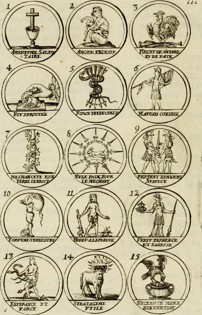 An illustration from Essay d'un dictionnaire contenant la connoissance du monde, des sciences universelles, et particulierement celle des medailles, des passions, des moeurs, des vertus et des vices, &c. : representé par des figures hyerogliphiques, expliquèes en prose & en vers, 1700, leaf 191