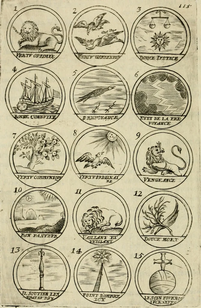 An illustration from Essay d'un dictionnaire contenant la connoissance du monde, des sciences universelles, et particulierement celle des medailles, des passions, des moeurs, des vertus et des vices, &c. : representé par des figures hyerogliphiques, expliquèes en prose & en vers, 1700, leaf 199