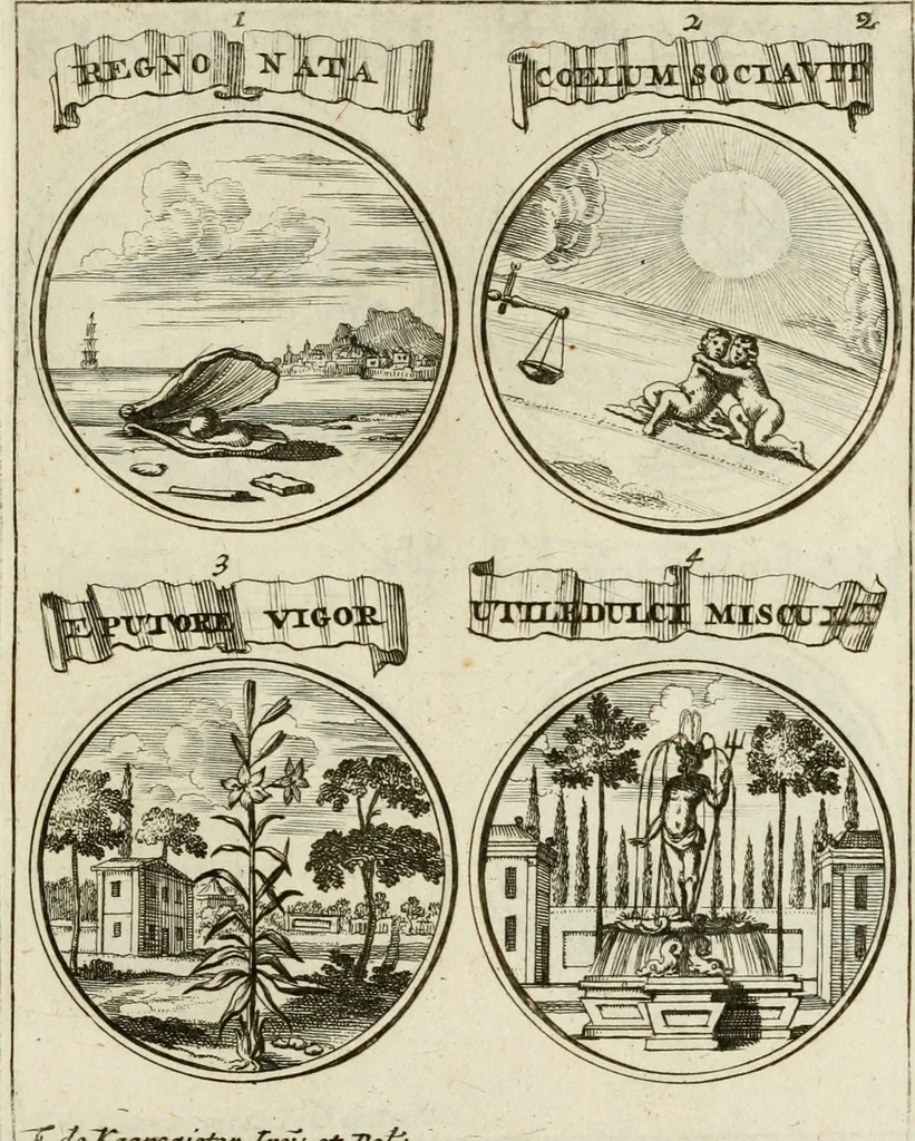 An illustration from Essay d'un dictionnaire contenant la connoissance du monde, des sciences universelles, et particulierement celle des medailles, des passions, des moeurs, des vertus et des vices, &c. : representé par des figures hyerogliphiques, expliquèes en prose & en vers, 1700, leaf 216