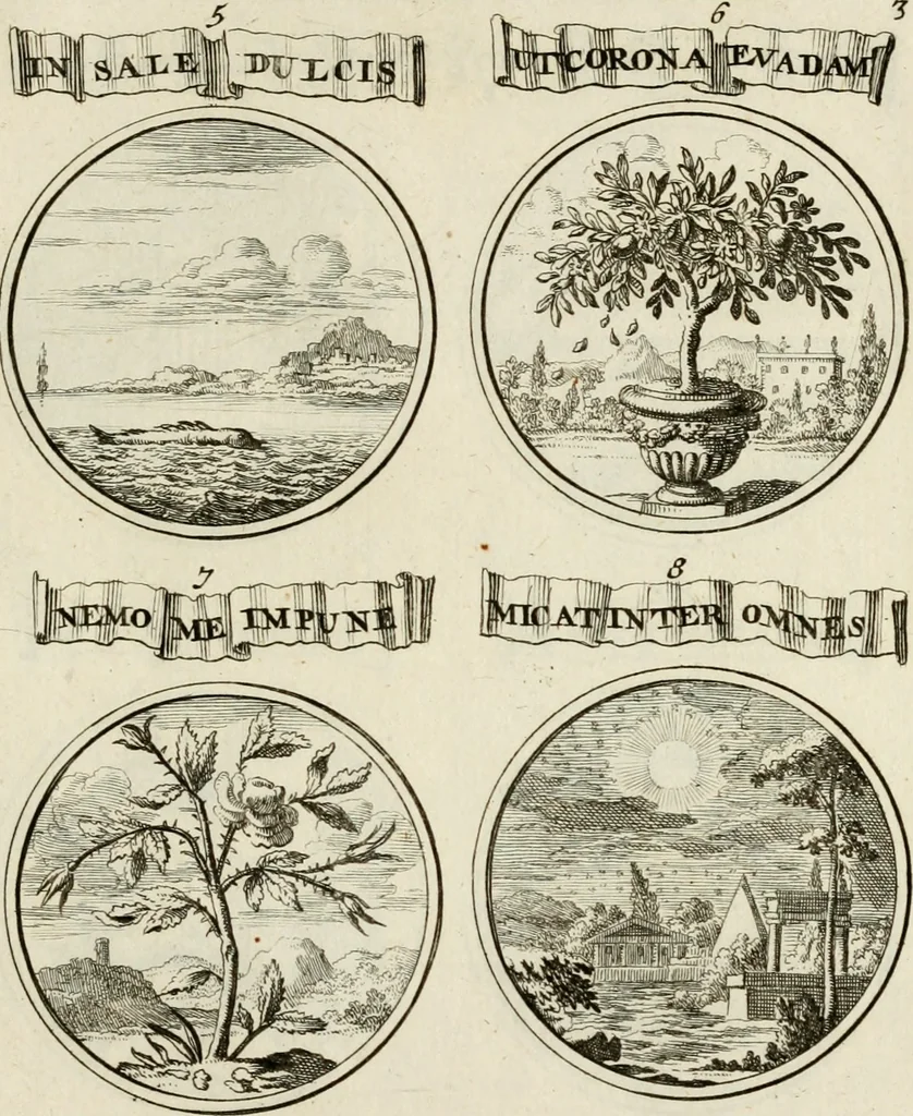 An illustration from Essay d'un dictionnaire contenant la connoissance du monde, des sciences universelles, et particulierement celle des medailles, des passions, des moeurs, des vertus et des vices, &c. : representé par des figures hyerogliphiques, expliquèes en prose & en vers, 1700, leaf 218