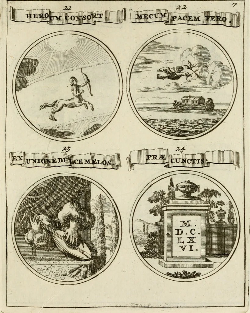 An illustration from Essay d'un dictionnaire contenant la connoissance du monde, des sciences universelles, et particulierement celle des medailles, des passions, des moeurs, des vertus et des vices, &c. : representé par des figures hyerogliphiques, expliquèes en prose & en vers, 1700, leaf 226