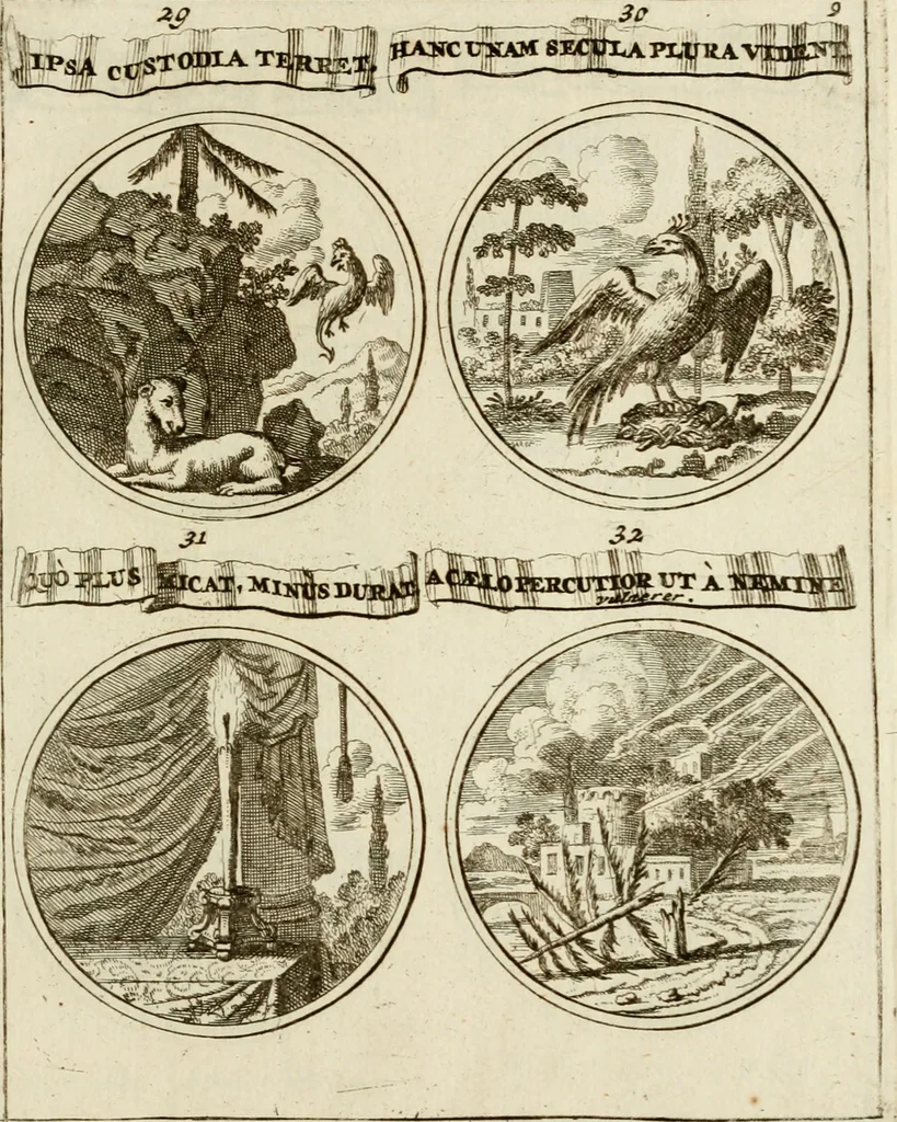An illustration from Essay d'un dictionnaire contenant la connoissance du monde, des sciences universelles, et particulierement celle des medailles, des passions, des moeurs, des vertus et des vices, &c. : representé par des figures hyerogliphiques, expliquèes en prose & en vers, 1700, leaf 230