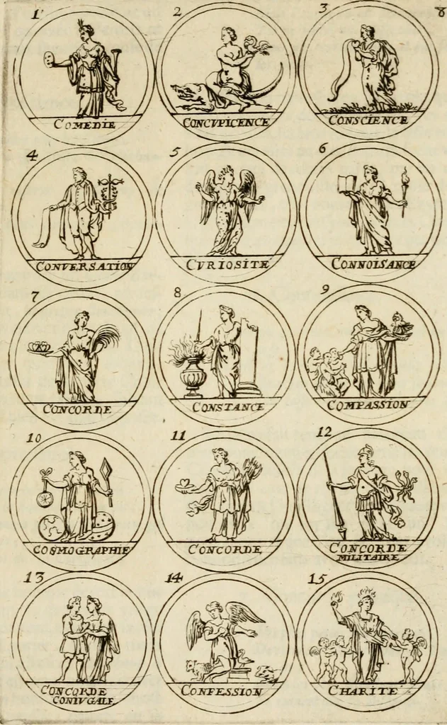 An illustration from Essay d'un dictionnaire contenant la connoissance du monde, des sciences universelles, et particulierement celle des medailles, des passions, des moeurs, des vertus et des vices, &c. : representé par des figures hyerogliphiques, expliquèes en prose & en vers, 1700, leaf 28