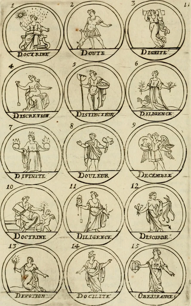An illustration from Essay d'un dictionnaire contenant la connoissance du monde, des sciences universelles, et particulierement celle des medailles, des passions, des moeurs, des vertus et des vices, &c. : representé par des figures hyerogliphiques, expliquèes en prose & en vers, 1700, leaf 33