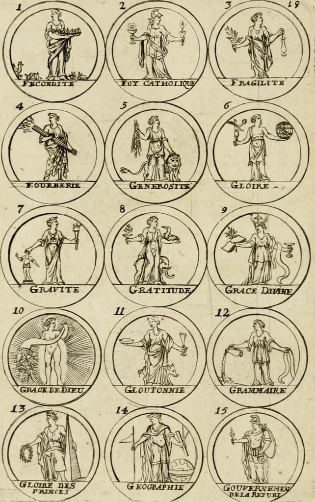 An illustration from Essay d'un dictionnaire contenant la connoissance du monde, des sciences universelles, et particulierement celle des medailles, des passions, des moeurs, des vertus et des vices, &c. : representé par des figures hyerogliphiques, expliquèes en prose & en vers, 1700, leaf 47