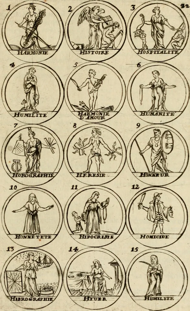 An illustration from Essay d'un dictionnaire contenant la connoissance du monde, des sciences universelles, et particulierement celle des medailles, des passions, des moeurs, des vertus et des vices, &c. : representé par des figures hyerogliphiques, expliquèes en prose & en vers, 1700, leaf 52