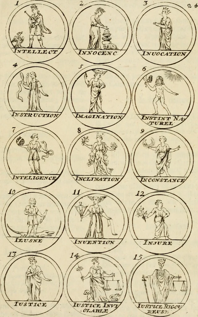 An illustration from Essay d'un dictionnaire contenant la connoissance du monde, des sciences universelles, et particulierement celle des medailles, des passions, des moeurs, des vertus et des vices, &c. : representé par des figures hyerogliphiques, expliquèes en prose & en vers, 1700, leaf 56