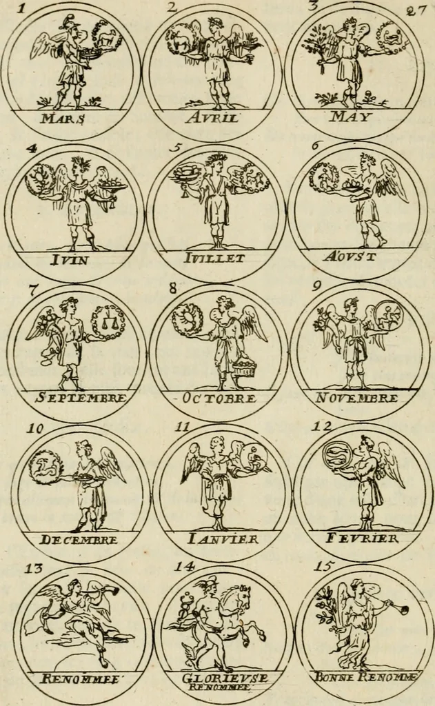 An illustration from Essay d'un dictionnaire contenant la connoissance du monde, des sciences universelles, et particulierement celle des medailles, des passions, des moeurs, des vertus et des vices, &c. : representé par des figures hyerogliphiques, expliquèes en prose & en vers, 1700, leaf 61